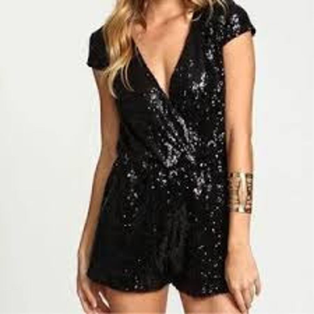 Wyldr All Night Long Play Suit Black Sequin Mini Party Romper Jumpsuit Womens S